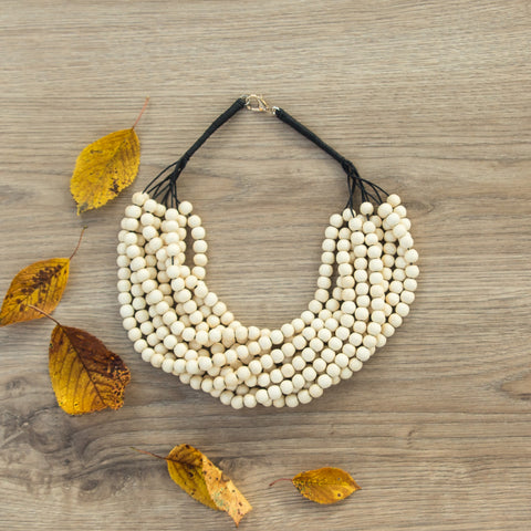 Ethnic Jewelry Ivory 🤍 8mm Beads Wood Multi Layer Handmade Necklace