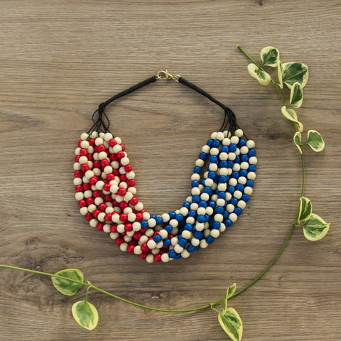 Handmade Jewelry Necklace Trio Blue Red White 💙💗🤍 Ethnic Wood Beads