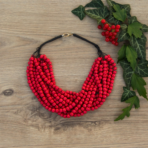 Wood Beads Necklace Red 💗 8mm Handmade Jewelry