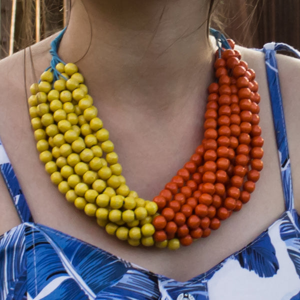 Duo Yellow/Orange farmhouse beads long chunky necklace ethnic jewelry beads lobster claw clasp natural wood bead large wood beads round wood