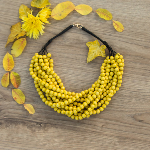 Round Wood Yellow 💛 8mm Beads Multi Layer Handmade Necklace