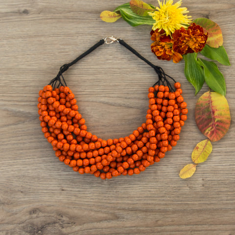 Fine Necklace Orange 🧡 8mm Beads Wooden Jewellery Handmade