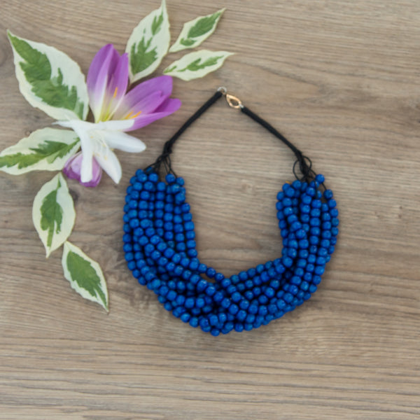 Multi Layer Necklace Blue Electrician 💙 Handmade Round Wood Beads